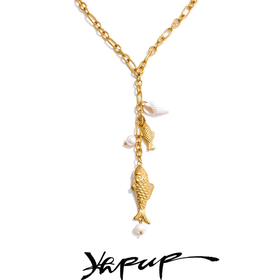 Yhpup Natural Pearls Shell Fish Pendant Chain Necklace 18K Golden PVD Plated Fashion Stainless Steel Charm Waterproof Jewelry