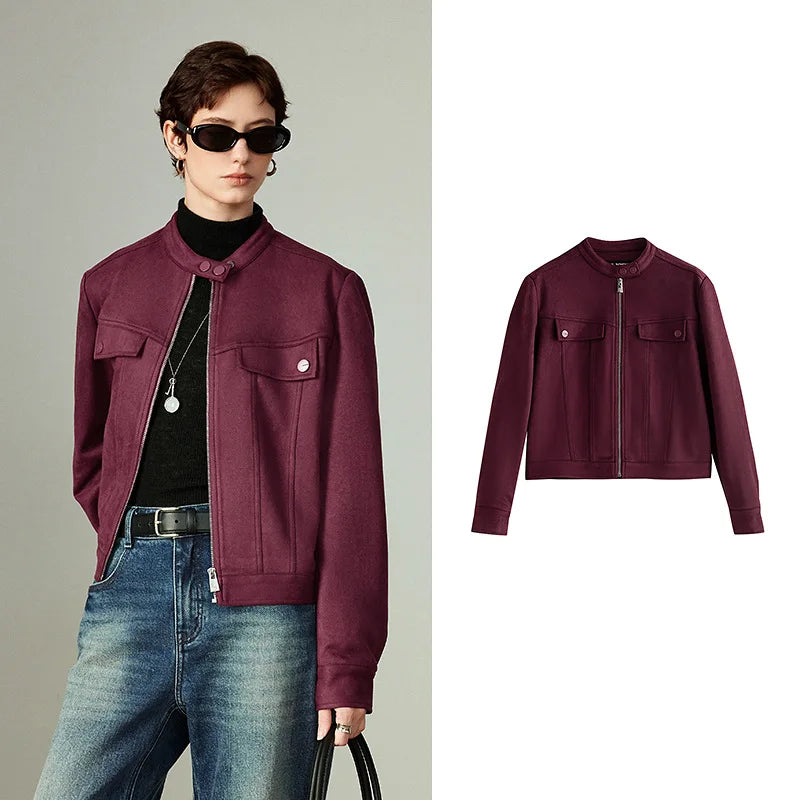 Jaqueta Feminina de Suede Azul Claro com Gola Alta red