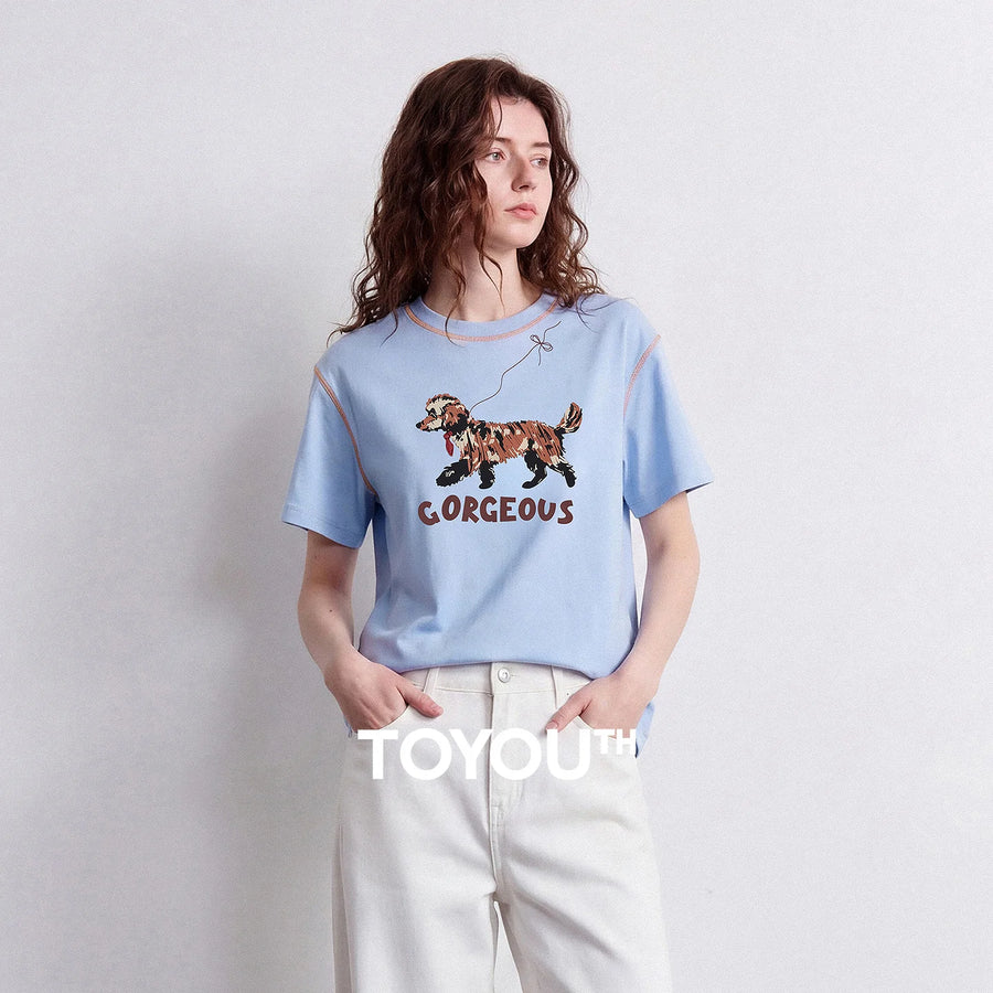 Camiseta Feminina de Algodão Color Block com Estampa Cachorro