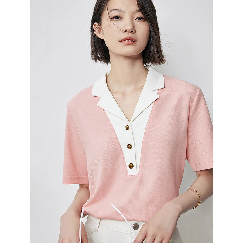 Camiseta Polo Feminina Color Block Manga Curta