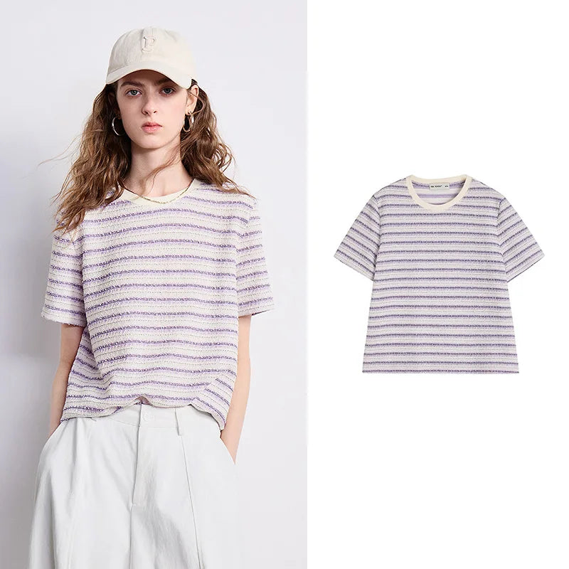 Blusa Feminina Listrada Texturizada Gola Redonda