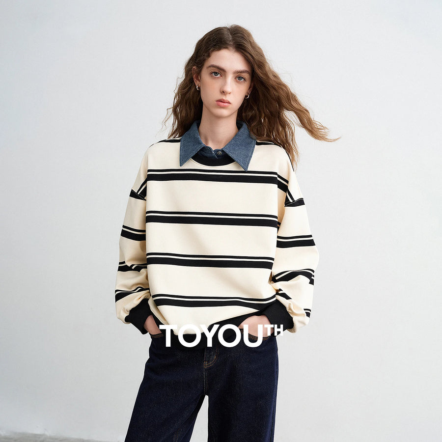TOYOUTH Women Sweatshirts 2026 Spring New Striped Denim Collar Paneled Faux Two-Piece Loose Fit Figure-Flattering Tops