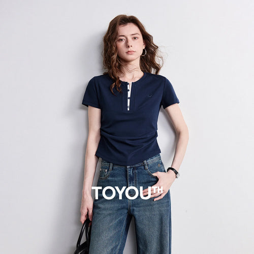 Camiseta Feminina Cropped de Algodão Color Block