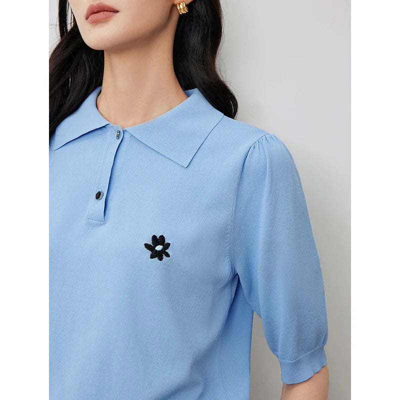 Blusa Feminina de Tricô com Gola Polo e Manga Curta