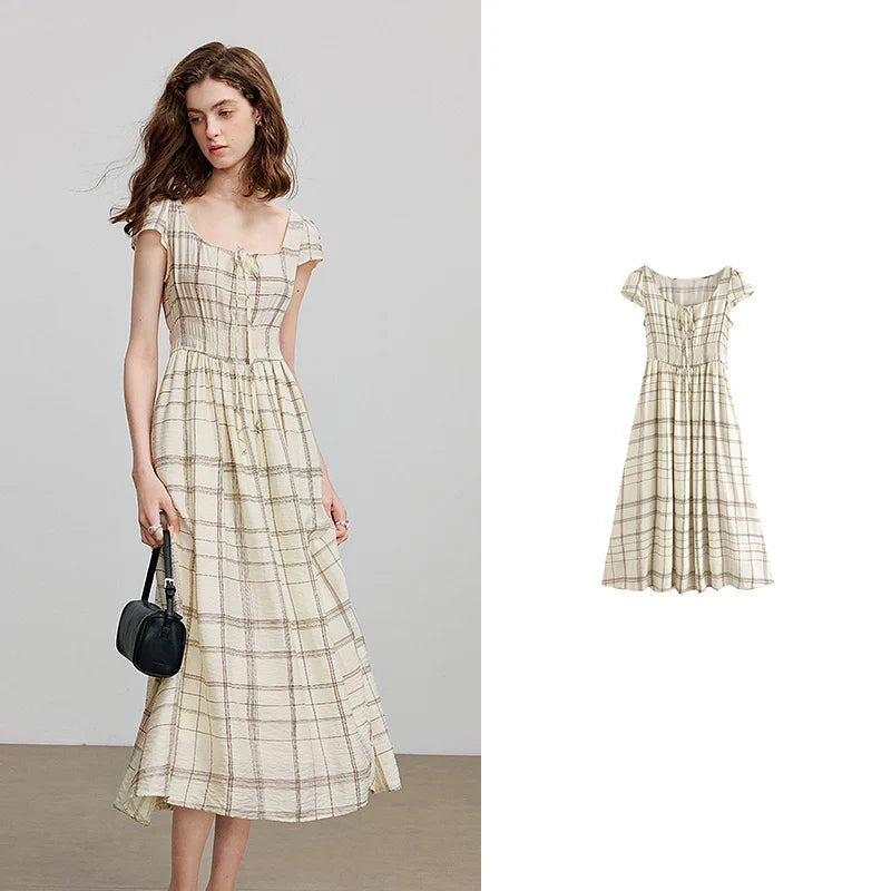 Vestido Midi Xadrez de Viscose com Bolsos Khaki