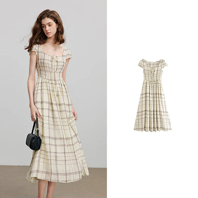 Vestido Midi Xadrez de Viscose com Bolsos Khaki