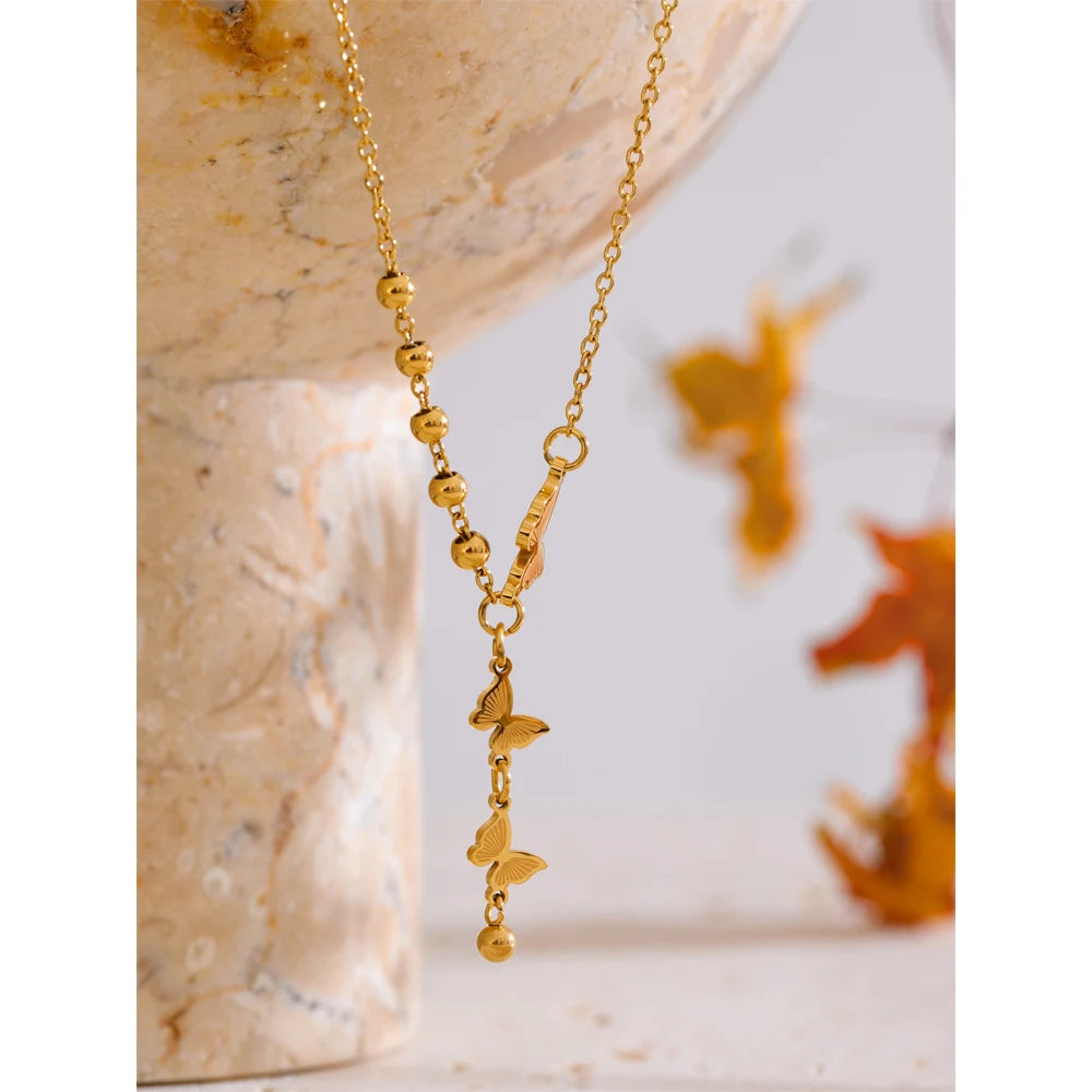 Yhpup Stainless Steel Butterfly Popular Necklace Pendant 18K Gold Color Plated Beads Chain Fashion Collar Jewelry