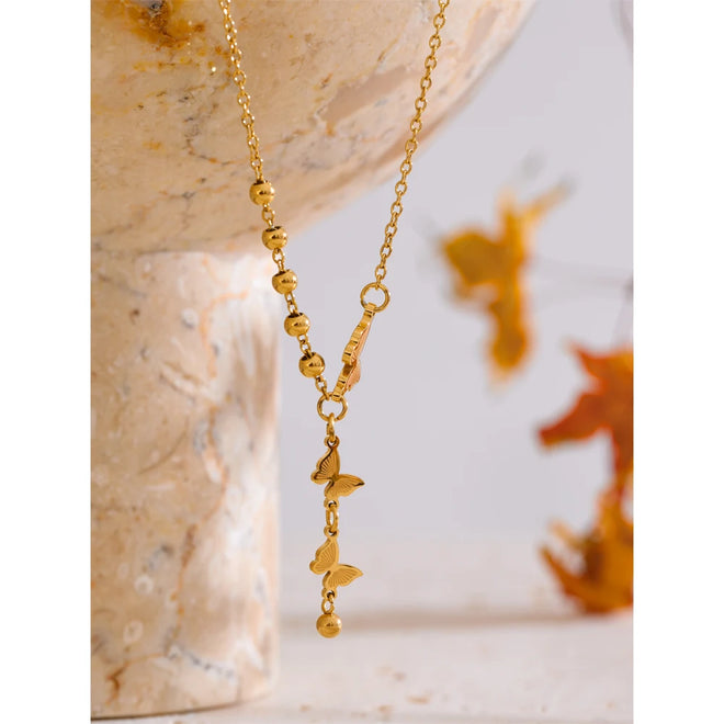 Yhpup Stainless Steel Butterfly Popular Necklace Pendant 18K Gold Color Plated Beads Chain Fashion Collar Jewelry