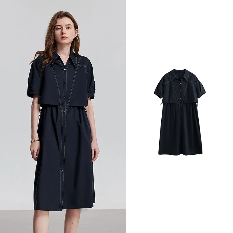 Vestido Chemise Midi Solto de Liocel Navy Bule