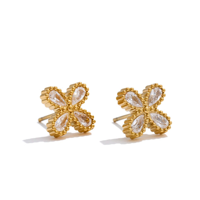 Yhpup Bling Cubic Zirconia Flower Small Stud Earrings Waterproof Stainless Steel Cast Quality Versatile Daily Delicate Jewelry