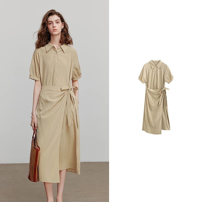 Vestido Chemise Midi Solto com Bolsos