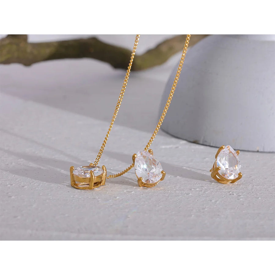 Yhpup Delicate Shiny Cubic Zirconia Stainless Steel Water Drop Pendant Necklace Stud Earrings Waterproof Jewelry Chic Party Gift