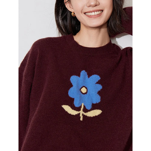 Suéter Feminino Floral Jacquard Grosso para Inverno