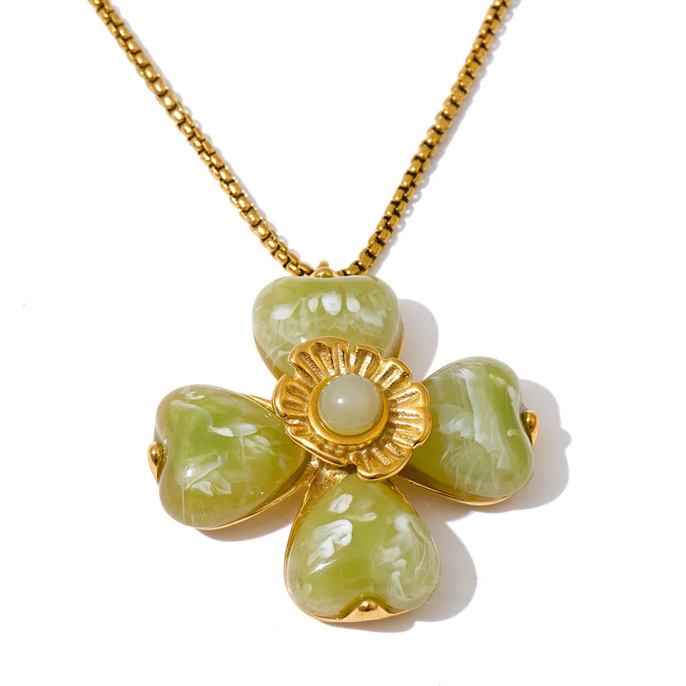 Yhpup Acrylic Fashion Flower Pendant Necklace Adjustable Ring Earrings Set 2025 Stainless Steel Trendy Jewelry Gift Multi-color Necklace Green
