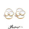 Yhpup White Enamel Pearls Flower Stud Earrings for Women Golden Stainless Steel Daily Fashion Jewelry Recommend Gift