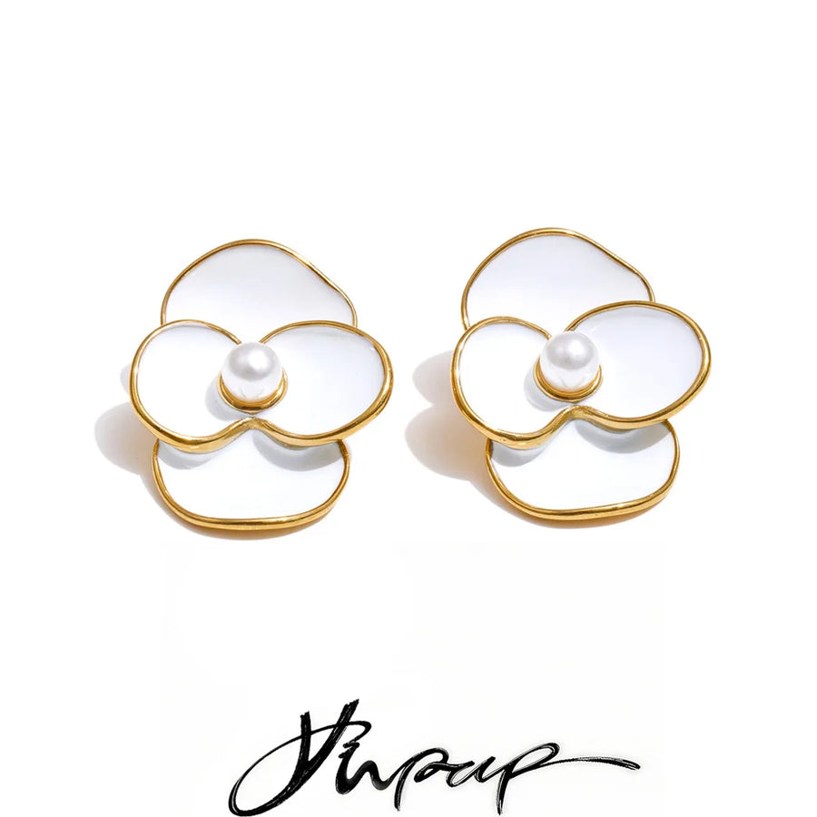 Yhpup White Enamel Pearls Flower Stud Earrings for Women Golden Stainless Steel Daily Fashion Jewelry Recommend Gift