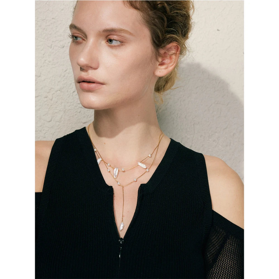 Colar Feminino de Camadas Gota com Pérola em Aço Inoxidável 2