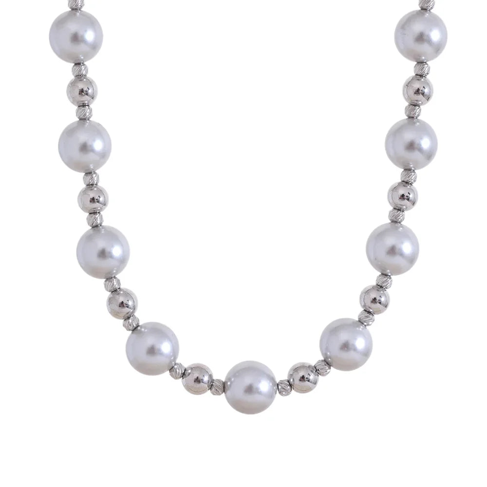Yhpup Grey Imitation Pearl Beads Handmade Chain Stainless Steel Collar Necklace Fashion Temperament Charm Women Jewelry Gala YH2510A