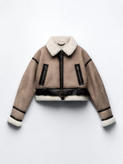 Jaqueta com Pelo em Couro Sintético para Inverno Khaki
