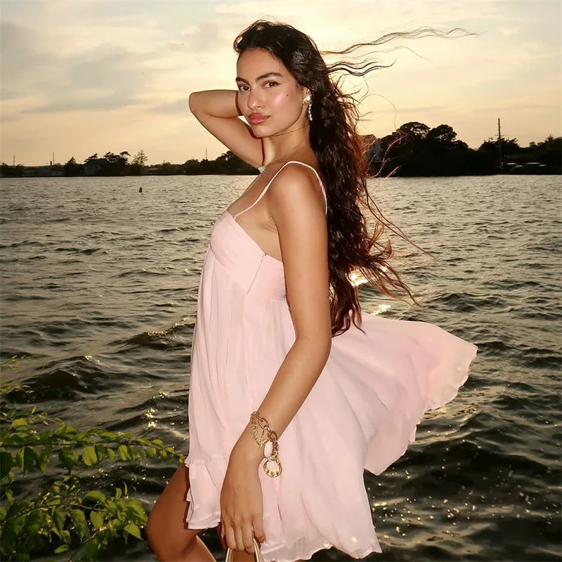 Elegant Chiffon Loose Short Dresses Women's Simple Casual Strap Dress Summer Sundresses Pink Black Beach Holiday Vacation New
