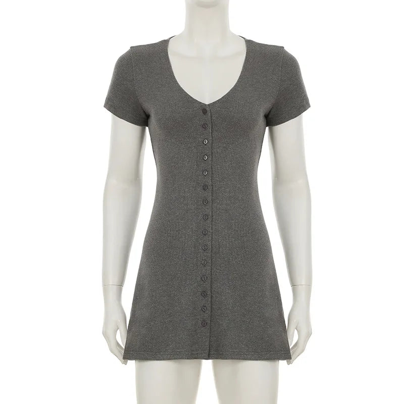 Vestido Curto Feminino de Tricô com Botões Frontais Gray