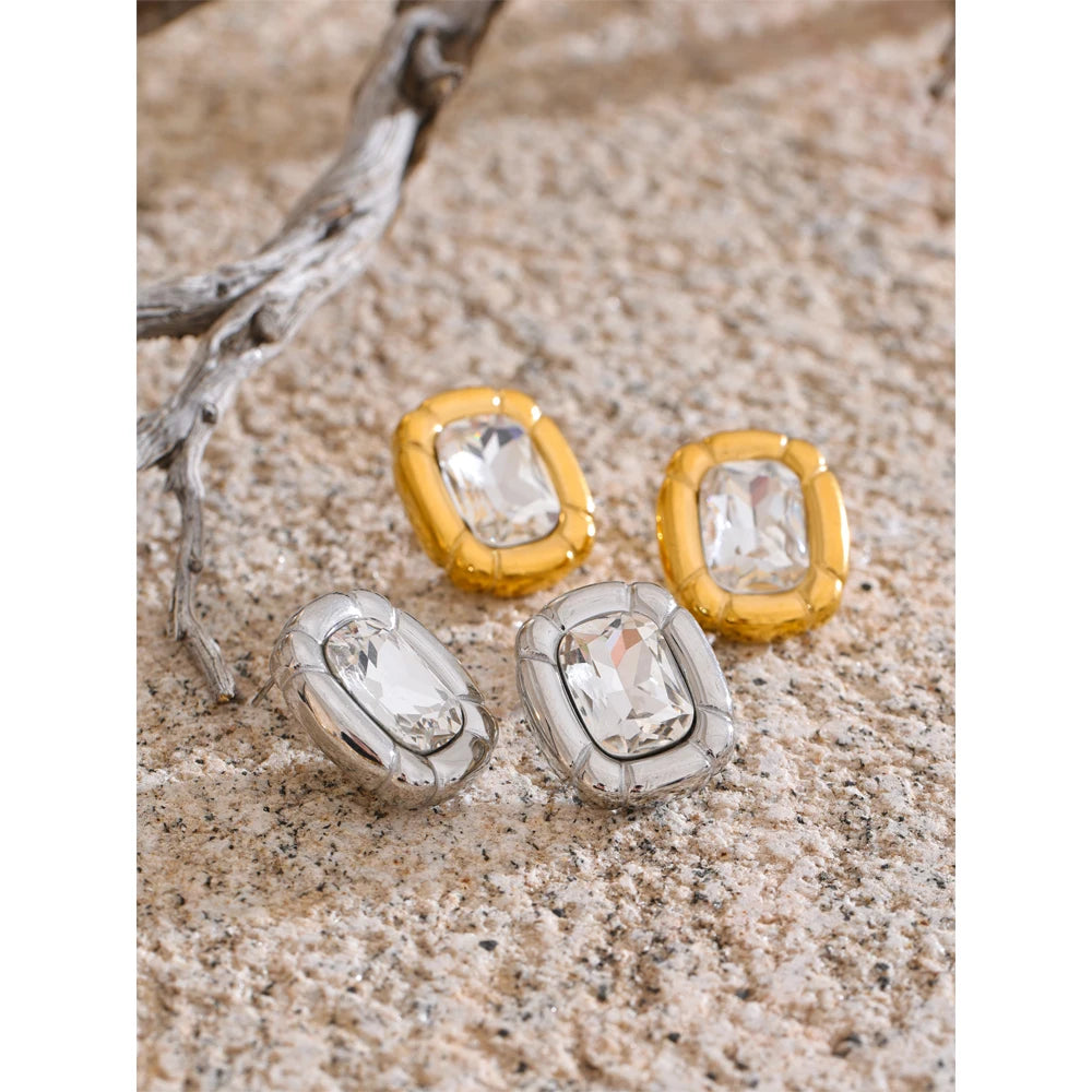 Yhpup Shiny Cubic Zirconia Rectangle Pendant Necklace Earrings Quality Gold Color PVD Plated Stainless Steel Premium Jewelry