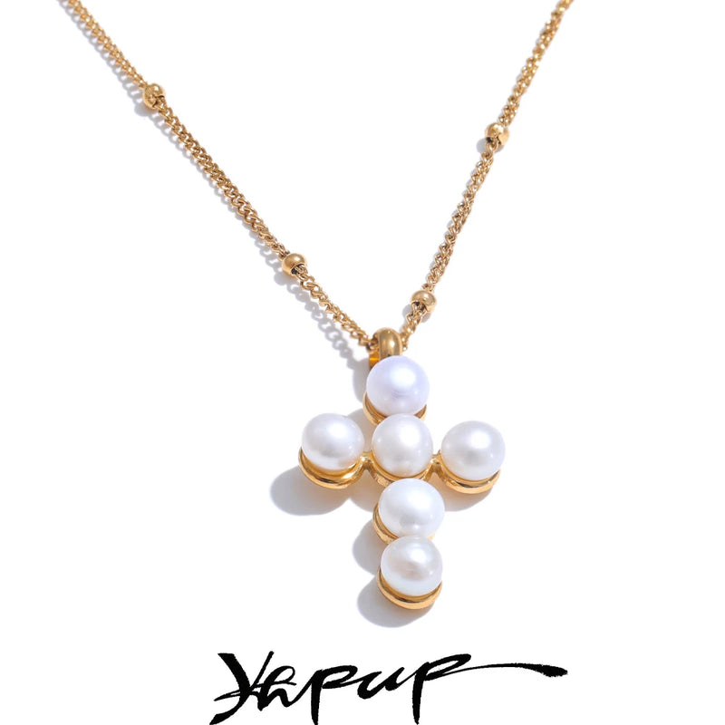 Colar Feminino Cruz com Pérola em Aço Inoxidável 2