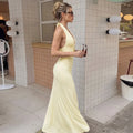 Elegant Women's Halter Curvy Long Dress V Neck Lace-up Backless Maxi Dresses Evening Wedding Guest Holiday Summer Yellow White