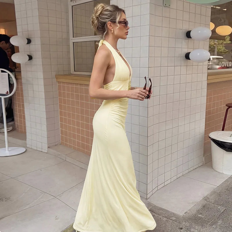 Elegant Women's Halter Curvy Long Dress V Neck Lace-up Backless Maxi Dresses Evening Wedding Guest Holiday Summer Yellow White