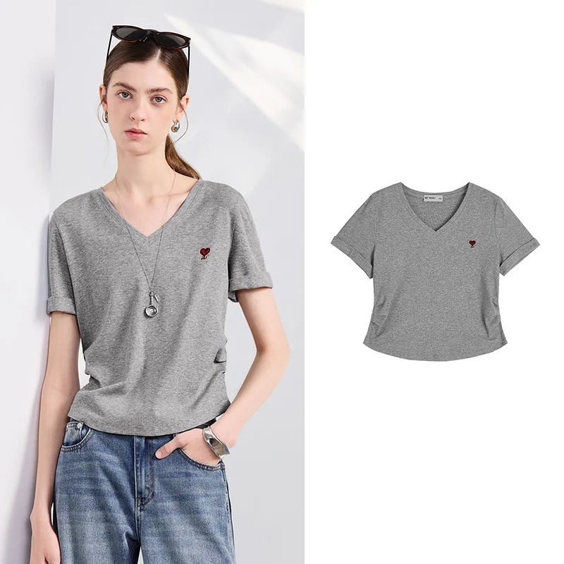 Blusa Feminina Cropped Slim com Decote V e Pregas