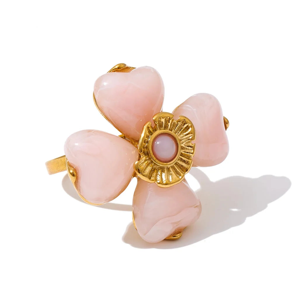 Yhpup Acrylic Fashion Flower Pendant Necklace Adjustable Ring Earrings Set 2025 Stainless Steel Trendy Jewelry Gift Multi-color Ring Pink