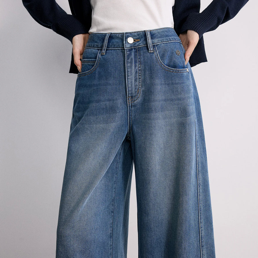 Calça Jeans Feminina Barrel Cropped Cintura Média