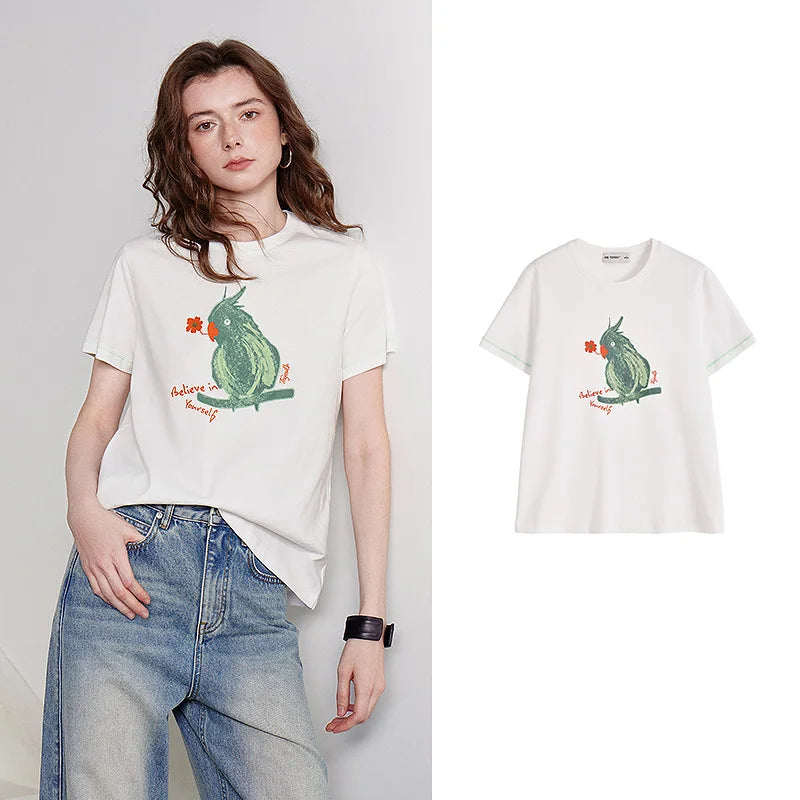 Camiseta Feminina 100% Algodão Color Block com Papagaio