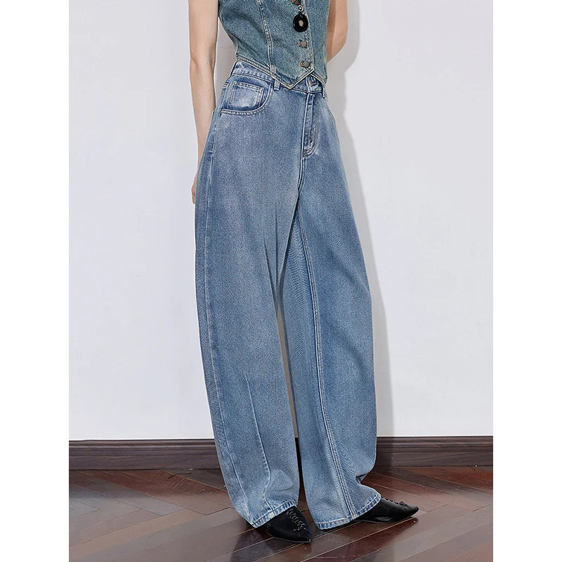 Calça Jeans Feminina Wide Leg Estonada Cintura Média
