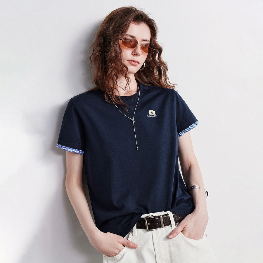 TOYOUTH x Houhou Women's Flower Embroidery Plaid T-Shirt 2026 Summer New Patchwork Crew Neck Cotton Tee