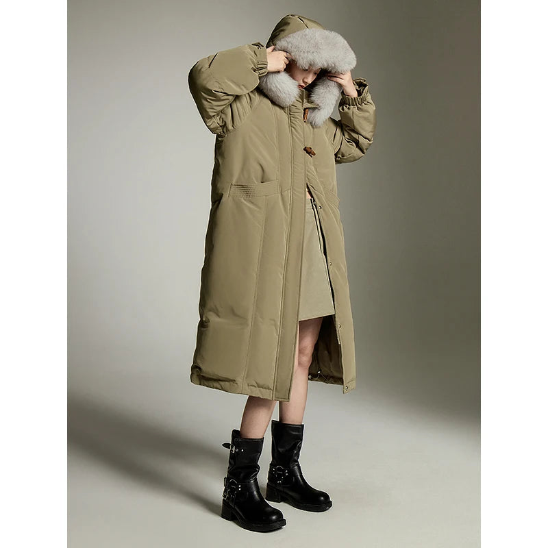 Casaco Puffer Feminino Longo Verde com Gola de Pelo