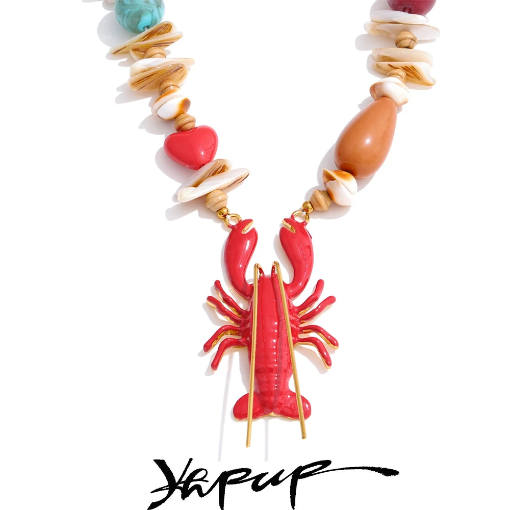Yhpup Attractive Unique Ocean Shell Stone Handmade Lobster Crayfish Pendant Necklace Summer Charm Collar Statement PVD Jewelry