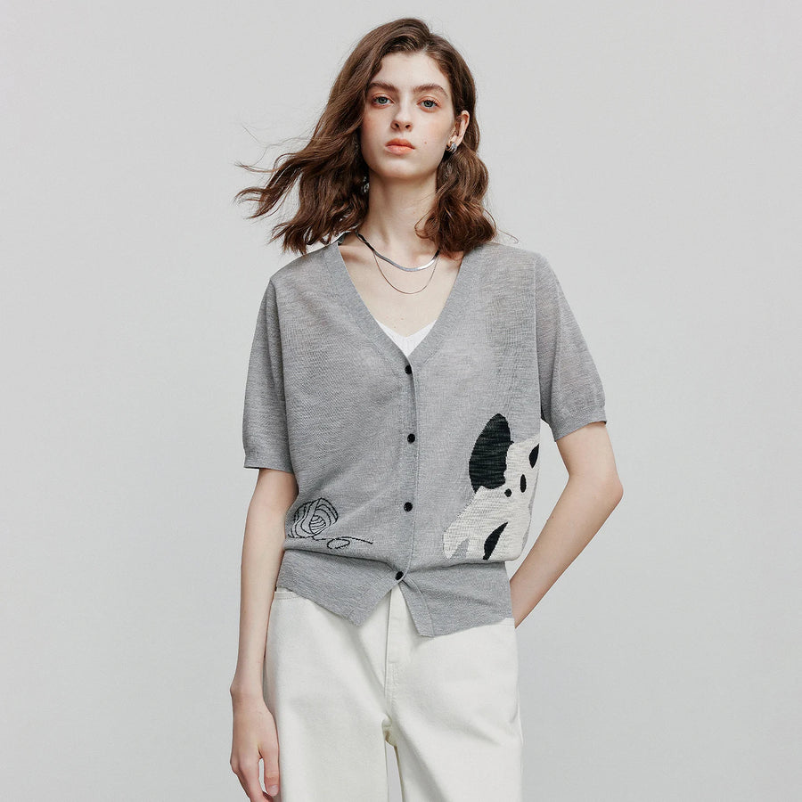 Blusa Feminina de Tricô Jacquard Gato com Decote V