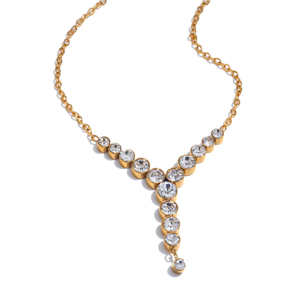 Colar Feminino em Y Gota com Zircônia em Aço Inoxidável Ouro