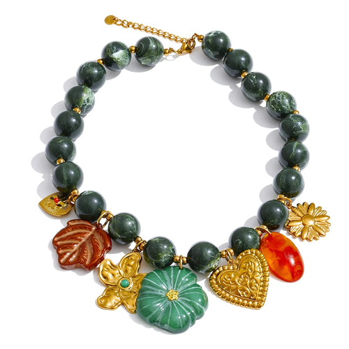 Yhpup Stainless Steel Green Acrylic Beads Chain Handmade Jewelry Leaf Flower Heart Drop Charm Necklace 2025 Arrivals Popular YH429A