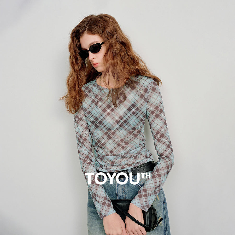 TOYOUTH women's T-shirt 2026 Spring New Mesh Print Waist Cinched American Hot Girl Trendy Unique Casual Tops