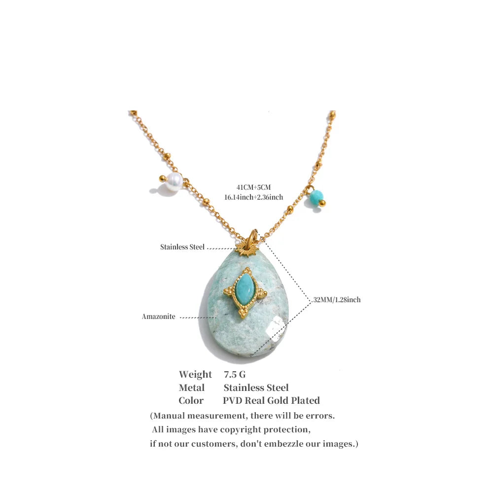 Yhpup 32mm Natural Stone Amazonite Tiger Aventurine Amethyst Drop Pendant Necklace for Women Stainless Steel France Jewelry Gift
