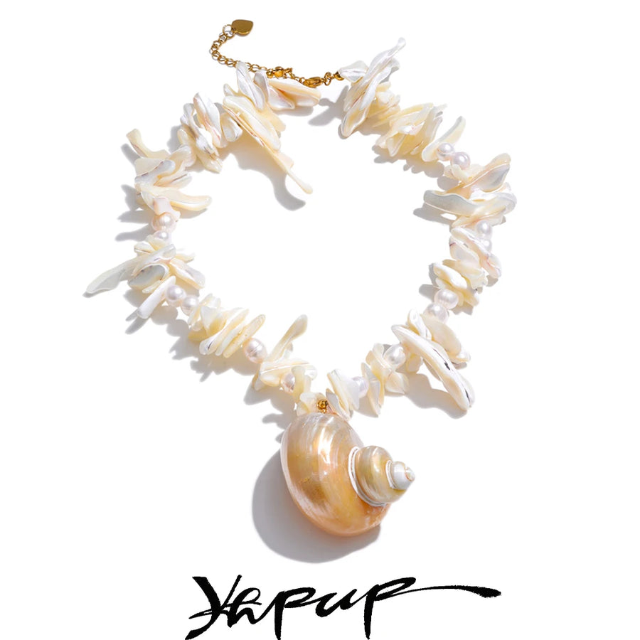 Yhpup Natural Pearl Shell Handmade Chain Conch Pendant Necklace Ocean Style Fashion Jewelry Summer Holiday Trendy Accessories
