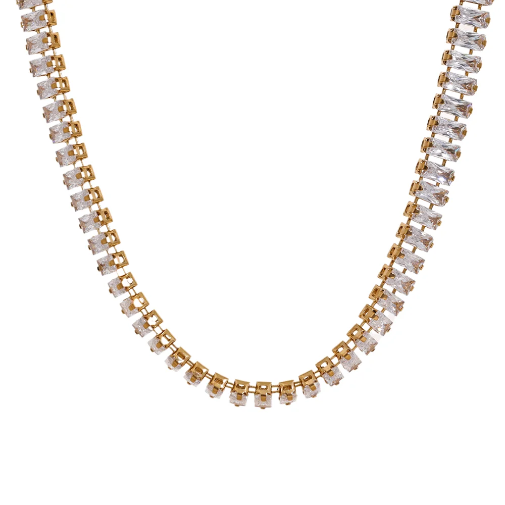 Yhpup Pull-out Adjustable Luxury Colorful Cubic Zirconia Chain Necklace Stainless Steel Waterproof Fashion Bling Jewelry Women YH2346A G-White