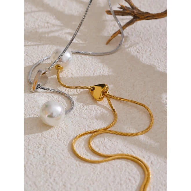 Yhpup New Arrival Simulated Pearls Round Drop Adjustable Necklace Pendant for Women Fashion Stainless Steel Korean Jewelry
