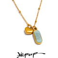 Yhpup Popular Natural Amazonite Stone Heart Oval Drop Necklace Women Stainless Steel Polished Waterproof Fashion Jewelry Gift