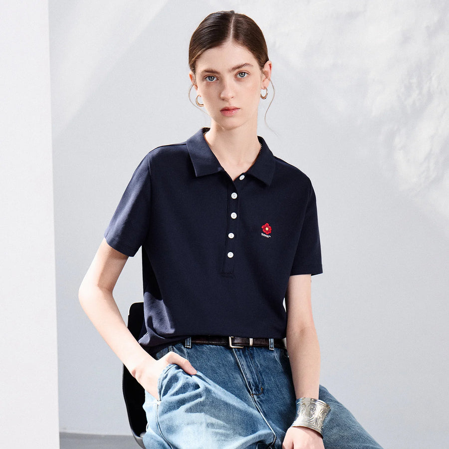 Camiseta Polo Feminina de Algodão com Bordado Floral