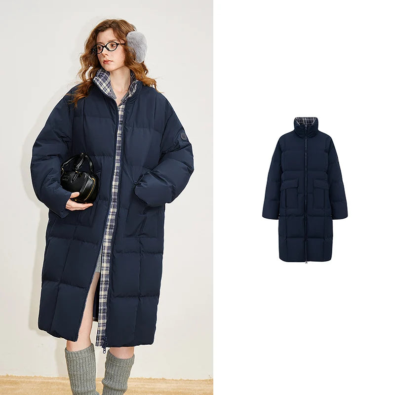 Casaco Puffer Feminino Longo 90% Plumas Extra Quente Navy Bule