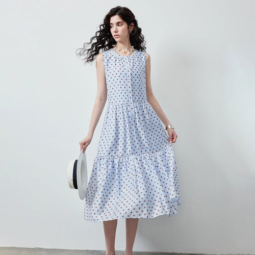Vestido Midi de Liocel Poá com Saia em Camadas