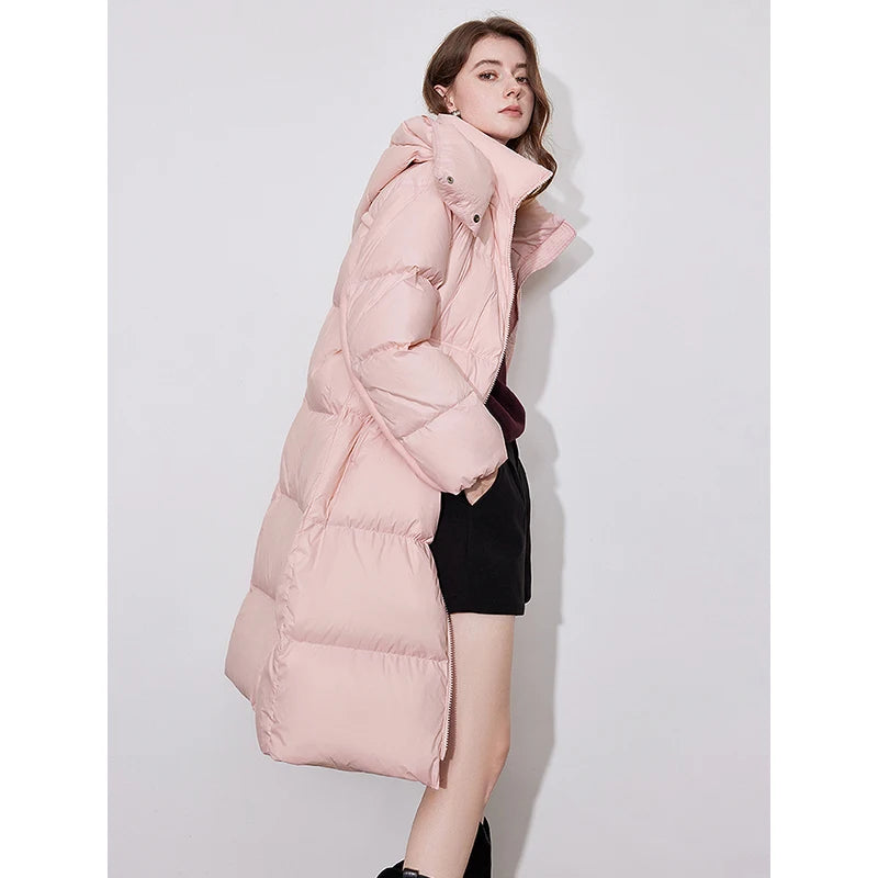 Casaco Puffer Feminino Midi com Capuz 90% Plumas